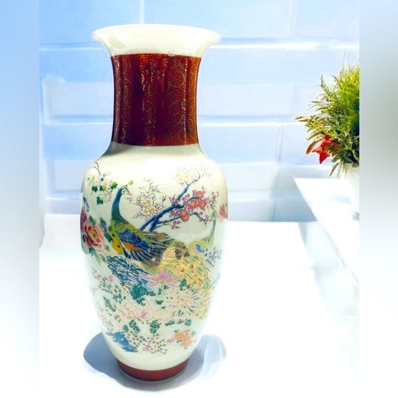 Vintage Japan Satsuma Floral Peacock 10 1/2” Vase Crackle Pattern - Picture 1 of 13